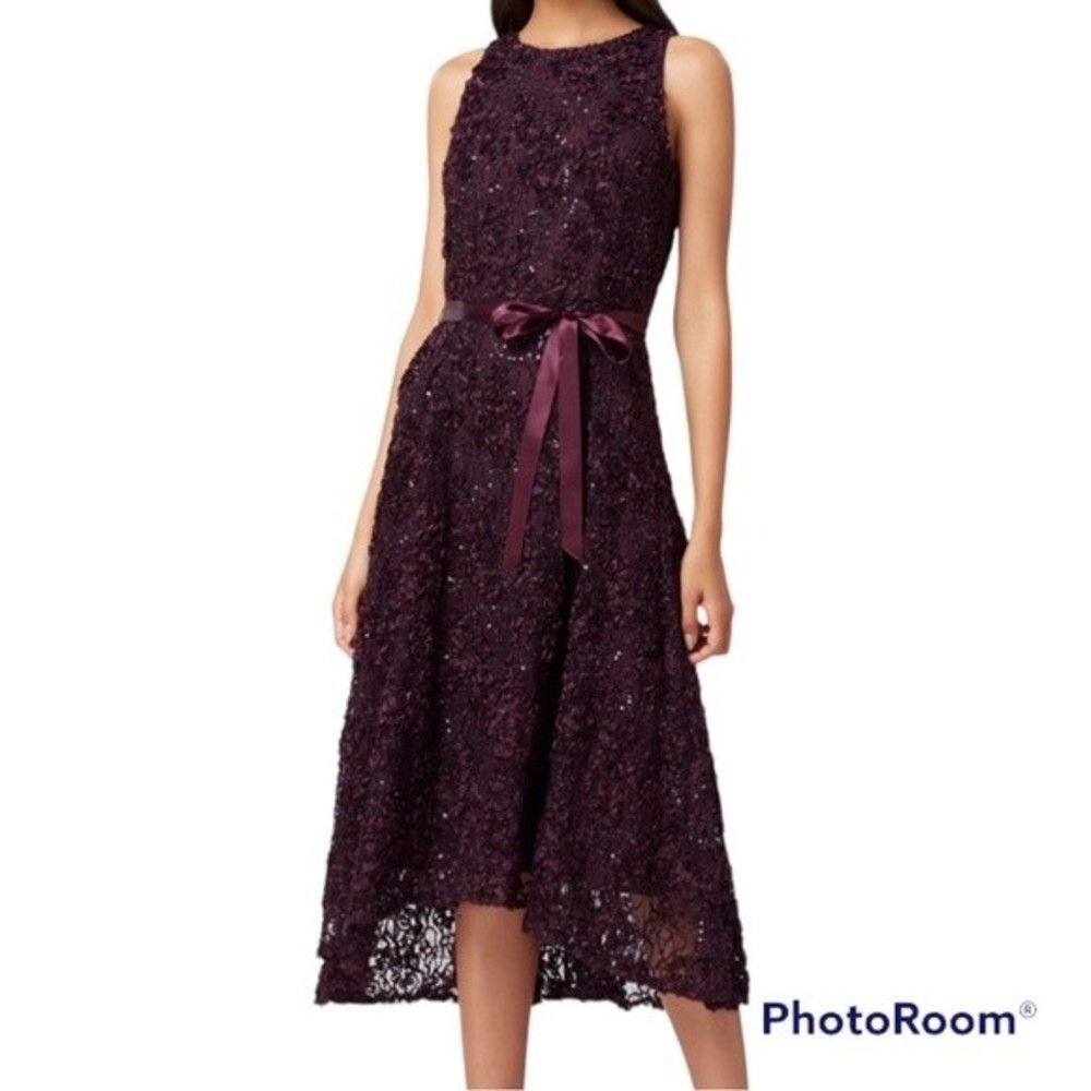 Tahari ASL Purple Floral Embroidered Mesh Midi Dress Size 10
